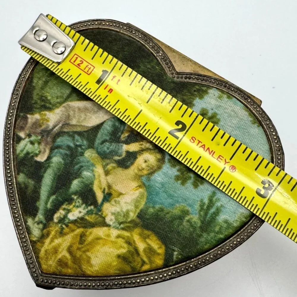 Schmid Bros Vtg Heart-Shaped Metal Trinket Box Silk Art Lid 